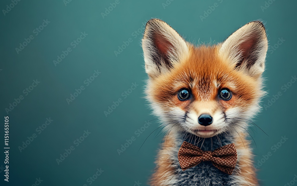 Adorable red fox kit wearing a bow tie against a teal background. Adorable red fox kit wearing a bow tie against a teal background.