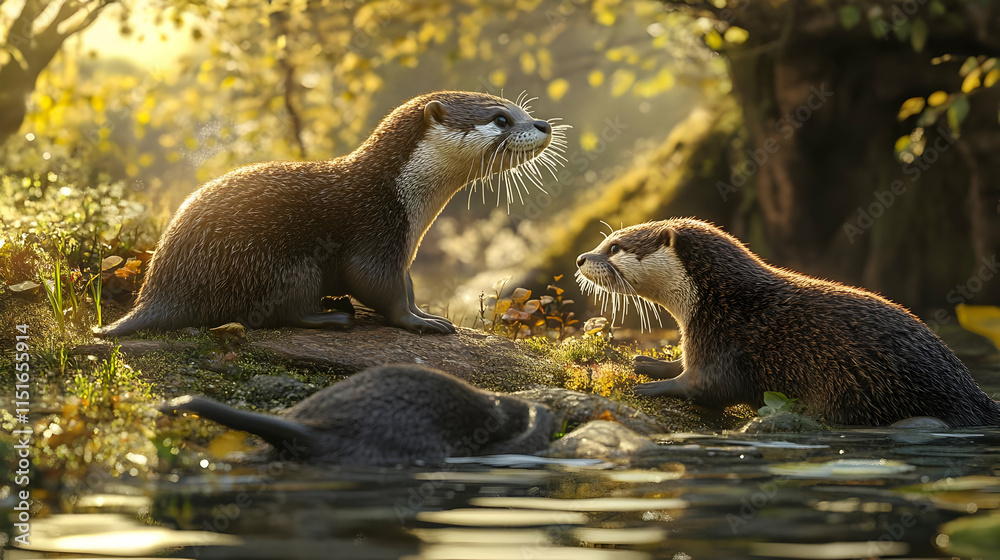 Obraz premium Otters in the Golden Hour: Wildlife Photography
