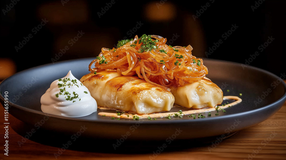 Dumplings sit elegantly on a plate topped with caramelized onions and sauce Dumplings sit elegantly on a plate topped with caramelized onions and sauce