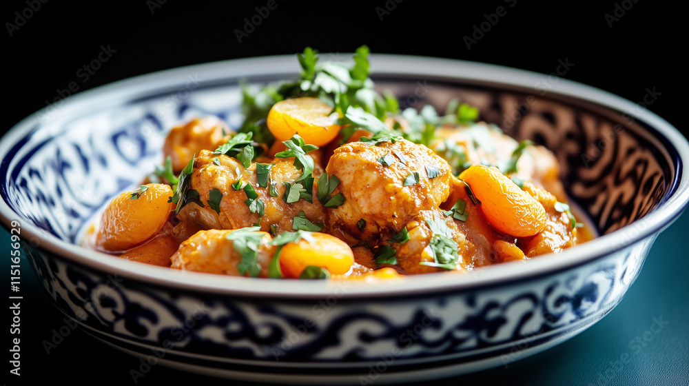 Succulent chicken meatballs cooked with apricots and fresh herbs in a decorative bowl Succulent chicken meatballs cooked with apricots and fresh herbs in a decorative bowl