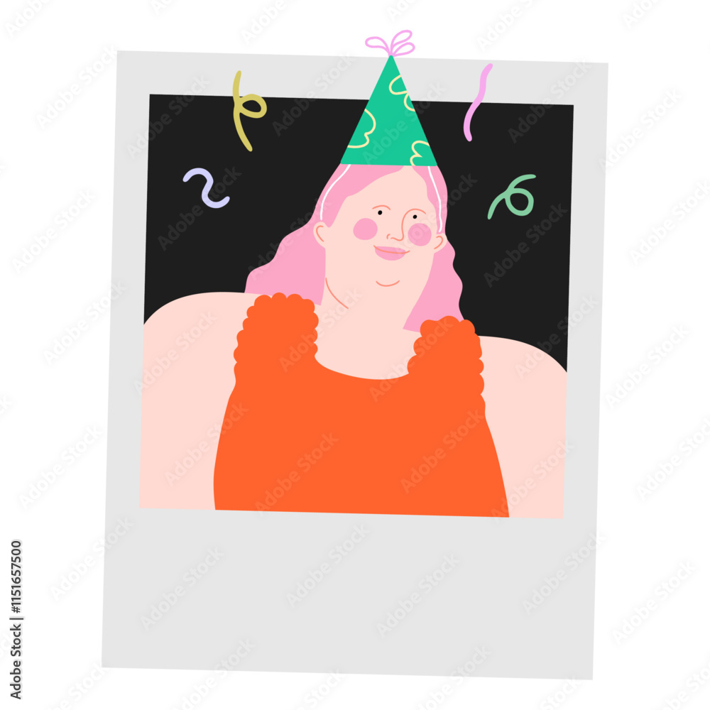 Woman in a polaroid photo wearing a Cone Hat. Celebration Vector Illustration. 