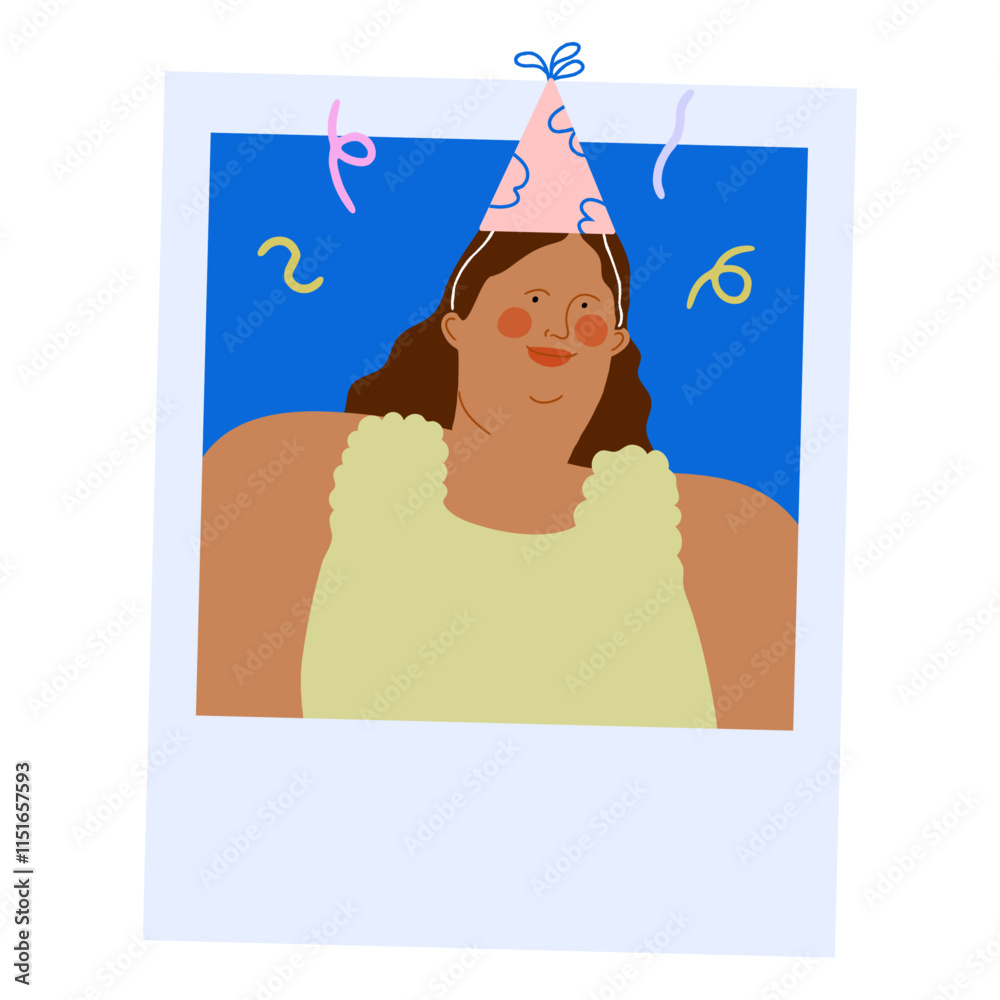 Woman in a polaroid photo wearing a Cone Hat. Celebration Vector Illustration. 
