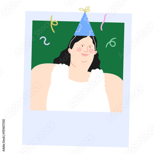 Woman in a polaroid photo wearing a Cone Hat. Celebration Vector Illustration. 