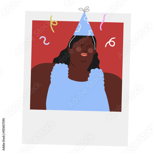 Woman in a polaroid photo wearing a Cone Hat. Celebration Vector Illustration. 
