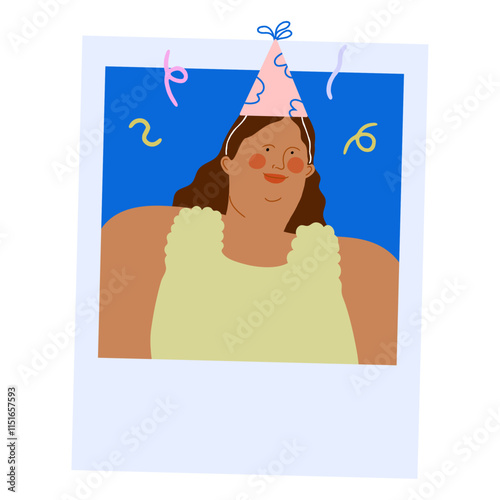 Woman in a polaroid photo wearing a Cone Hat. Celebration Vector Illustration. 