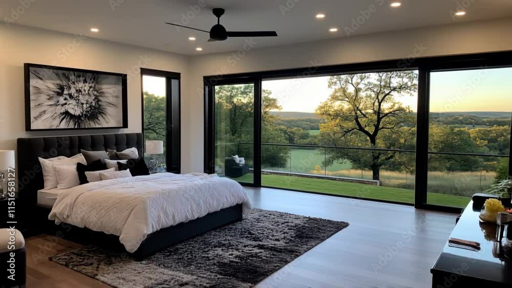Chambre luxueuse avec baies vitrée et vue sur la campagne. Luxurious room with bay windows and countryside views.