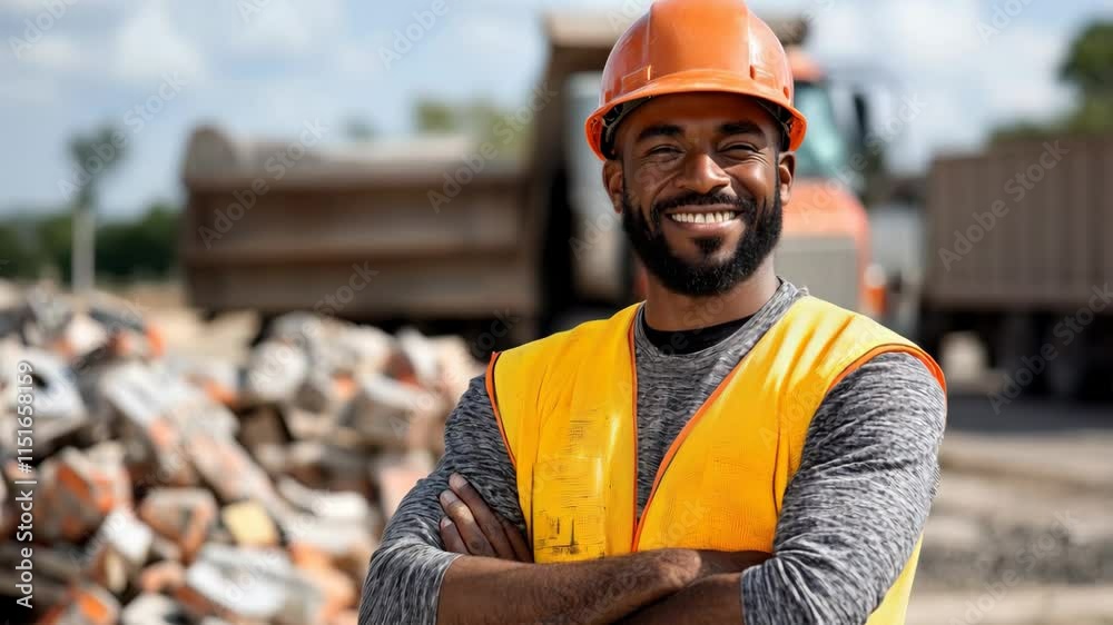 Un ouvrier souriant sur un chantier avec un camion en arrière plan. A smiling worker on a building site with a truck in the background.