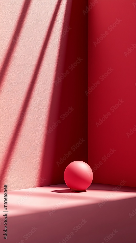 A red sphere sitting on top of a table next to a wall
