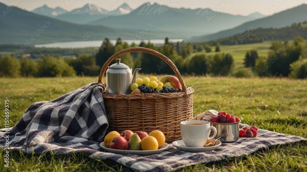 Fototapeta premium Picnic basket on sunny meadow with mountain view