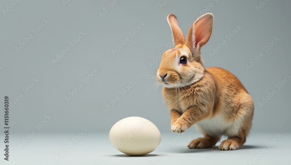 Obraz premium Whiskered rabbit hops onto a gray background with a large egg in front of it, rabbit, egg