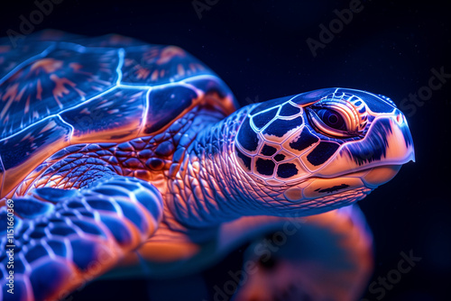 Close-up of a colorful sea turtle swimming underwater, highlighting intricate shell patterns and vibrant blue and green hues. photo