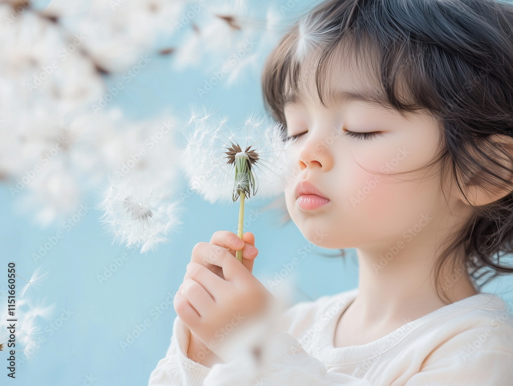 Child embraces the beauty of nature while holding dandelion seeds and dreaming Child embraces the beauty of nature while holding dandelion seeds and dreaming