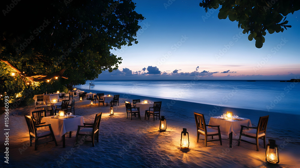 Fototapeta premium Beachfront Restaurant: Romantic Sunset Dinner