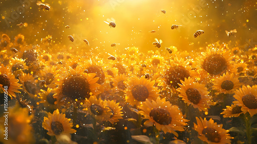 Sunflowers and Bees in Golden Hour: A Summer Field of Yellow