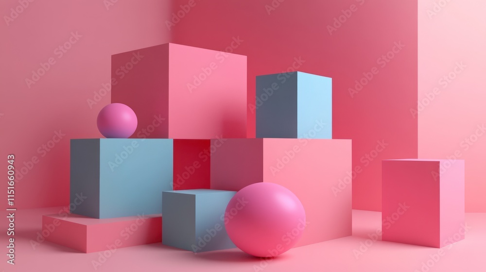 Abstract Pink and Blue Geometric Composition: Cubes and Spheres in a Minimalist Setting Abstract Pink and Blue Geometric Composition: Cubes and Spheres in a Minimalist Setting