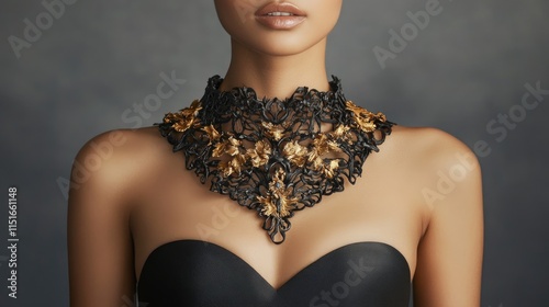 A model showcases a detailed black and gold neckpiece photo