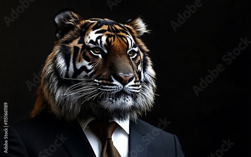 Tiger head in business suit, dark background. photo