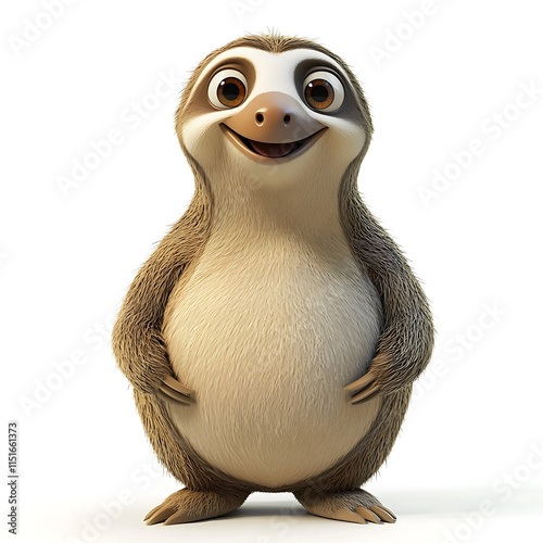 Adorable cartoon sloth standing, smiling, isolated on white background.