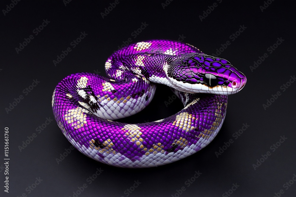 Obraz premium A vibrant purple and white snake coiled on a dark surface.