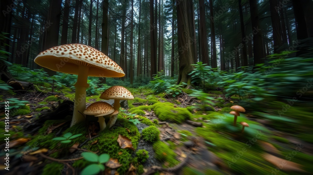 Fototapeta premium A natural woodland with large mushrooms in soft sunlight, showcasing earthy tones, perfect for nature-focused promotions.
