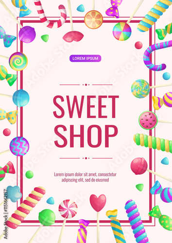 Banner design for a candy store, sweets, desserts, and confectionery. Vector A4 illustration for poster, banner, cover, flyer, menu, sale, advertisement.
