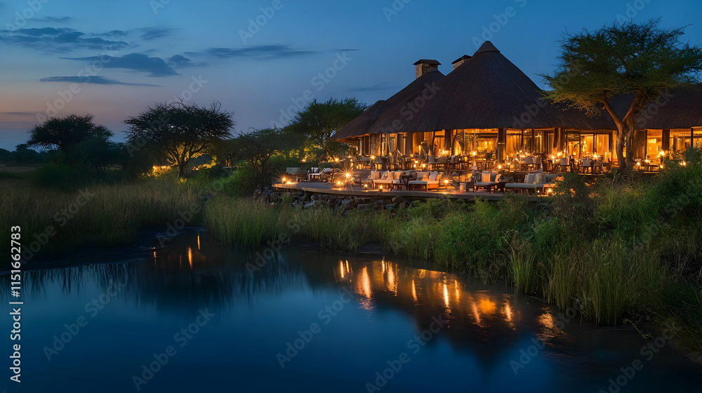 Fototapeta premium Luxury Safari Lodge at Night: Serene African Plains and Starlit Sky