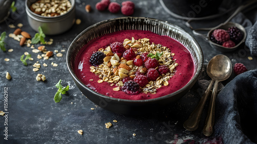 A nutritious smoothie bowl topped with fresh berries and nuts. A bowl of boysenberry smoothie with granola on a table photo