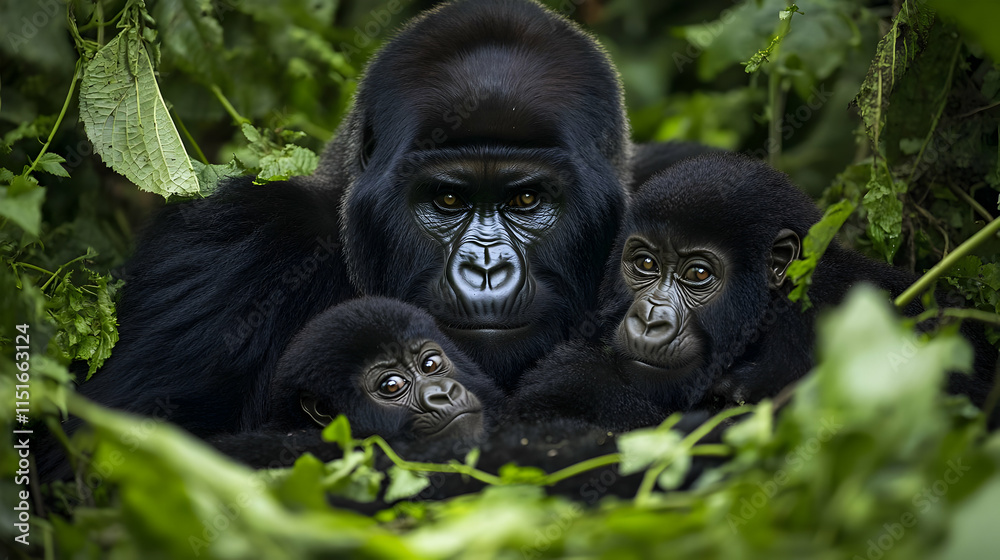Obraz premium Mountain Gorilla Family in Rainforest Habitat