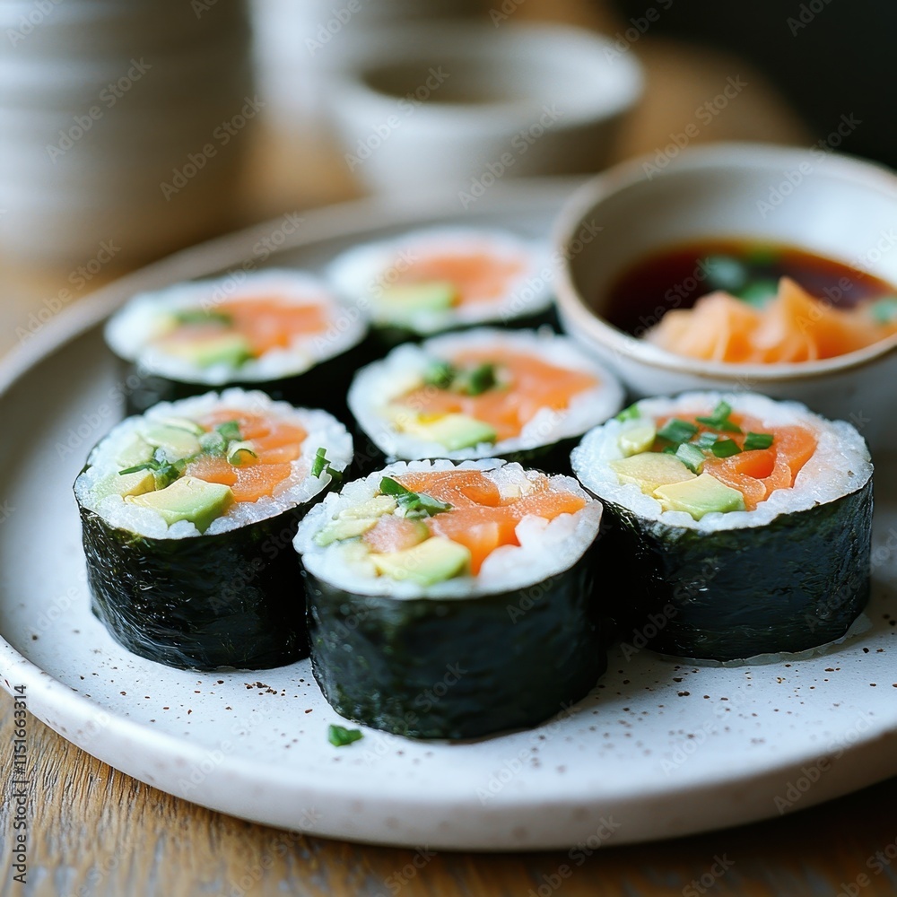 Avocado sushi rolls served on a minimalist white plate with a soy sauce drizzle Avocado sushi rolls served on a minimalist white plate with a soy sauce drizzle