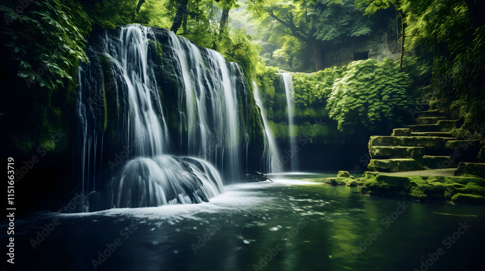 Serene Cascading Waterfalls Surrounded by Lush Greenery and Nature Serene Cascading Waterfalls Surrounded by Lush Greenery and Nature