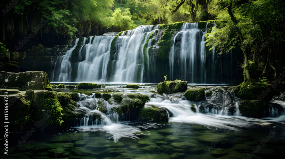 Fototapeta premium Serene Waterfall Cascading Over Rocks Surrounded by Lush Foliage