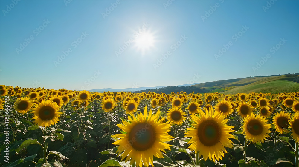 Obraz premium Stunning Sunflower Field in Summer: Vibrant Yellow Flowers under a Bright Sun