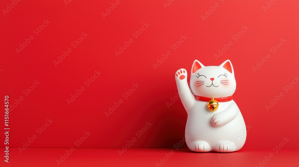 Lucky cat figurine waving with a golden paw, isolated on red Lucky cat figurine waving with a golden paw, isolated on red