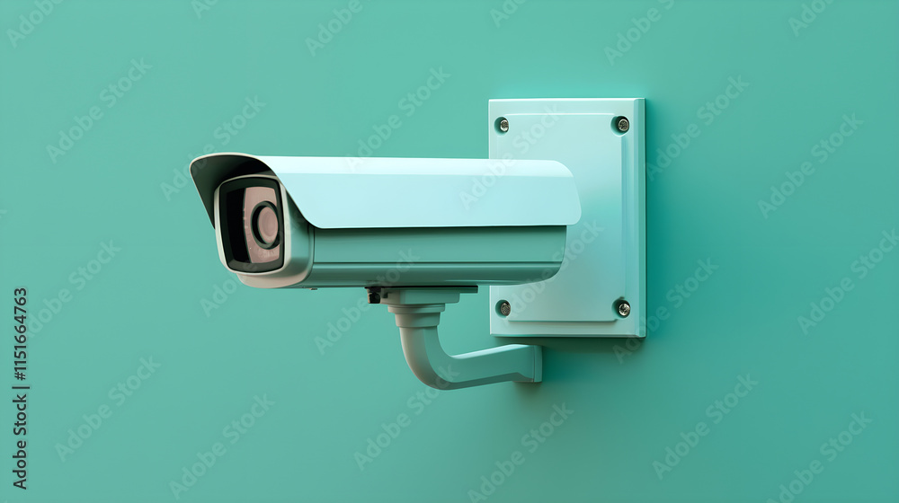 Modern Security Camera Mounted on a Bright Teal Wall Modern Security Camera Mounted on a Bright Teal Wall