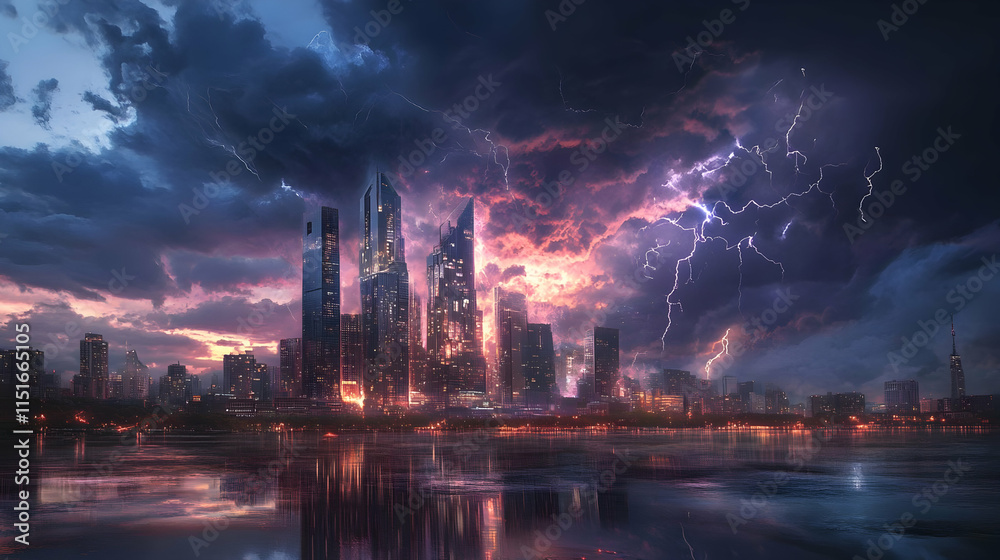 Spectacular Cityscape at Night with Dramatic Lightning Storm Spectacular Cityscape at Night with Dramatic Lightning Storm