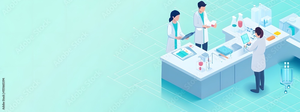 Isometric illustration of a group working in a laboratory, facing the camera, in a minimalistic style Isometric illustration of a group working in a laboratory, facing the camera, in a minimalistic style