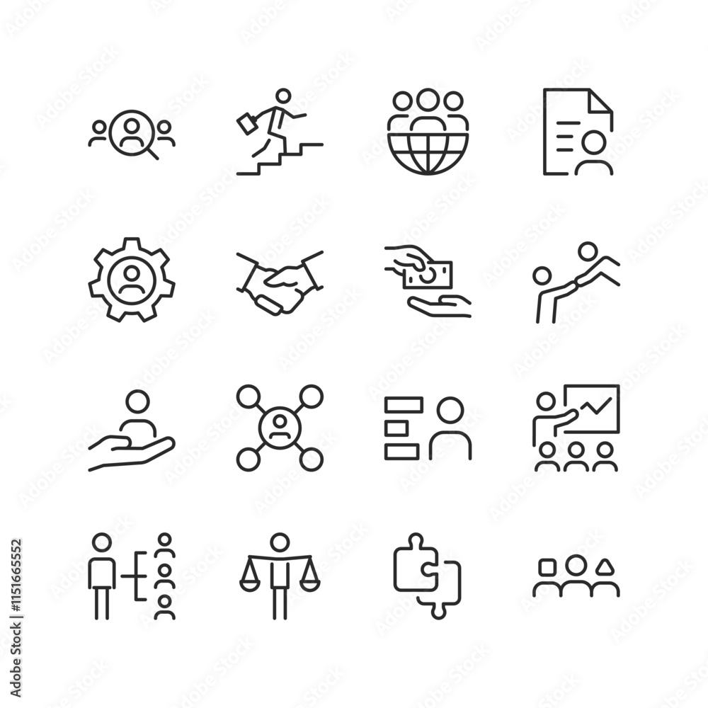 Human Resources, linear style icon set. Tools and processes for managing people and organizations. Recruitment, team building, training, and performance evaluation. Editable stroke width Human Resources, linear style icon set. Tools and processes for managing people and organizations. Recruitment, team building, training, and performance evaluation. Editable stroke width