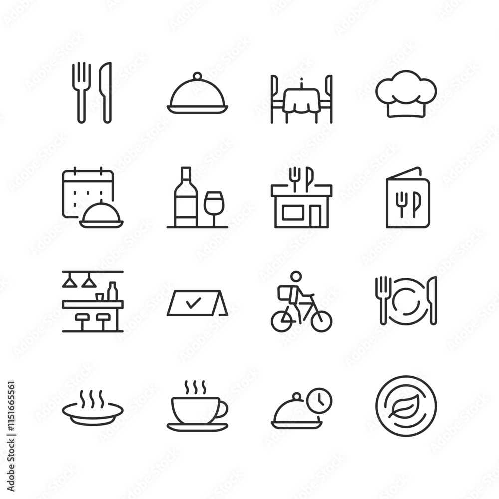 Restaurant and Dining, linear style icon set. Food service and hospitality. Plates, cutlery, chef, menu, and delivery options. Editable stroke width