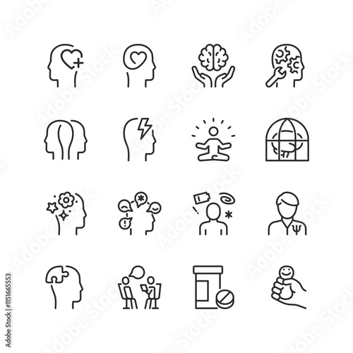 Mental Health, linear style icon set. Psychological well-being, therapy, and emotional support. Brain, mindfulness, counseling, and medication. Mental care and awareness. Editable stroke width.