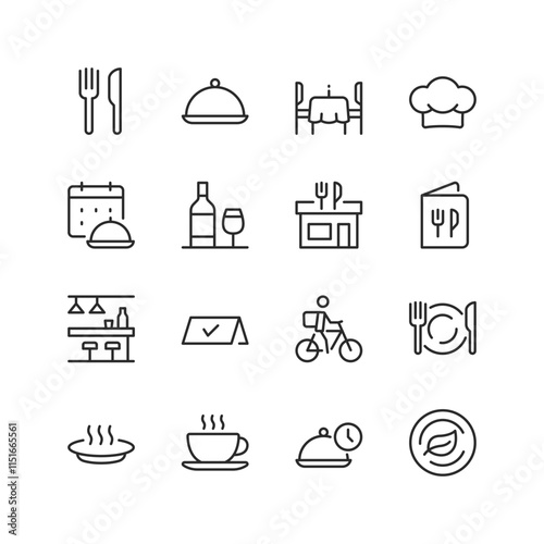 Restaurant and Dining, linear style icon set. Food service and hospitality. Plates, cutlery, chef, menu, and delivery options. Editable stroke width