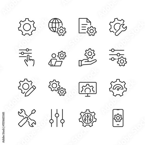 Settings and Configuration, linear style icon set. Tools for adjusting, personalizing, and optimizing systems. Gear, slider, and control panel for user interface and system settings. Editable stroke w