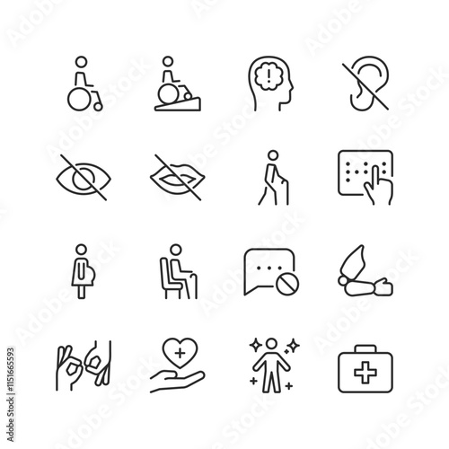 Disability and Accessibility, linear style icon set. Support for people with disabilities. Mobility aid, braille, hearing, and visual assistance. Equal opportunities and care. Editable stroke width.