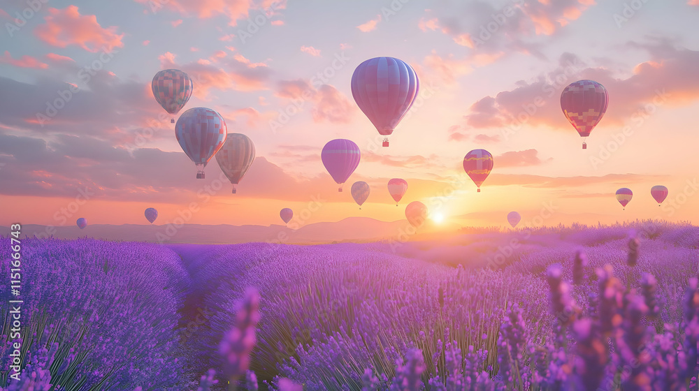 Fototapeta premium Hot Air Balloons over Lavender Field at Sunset