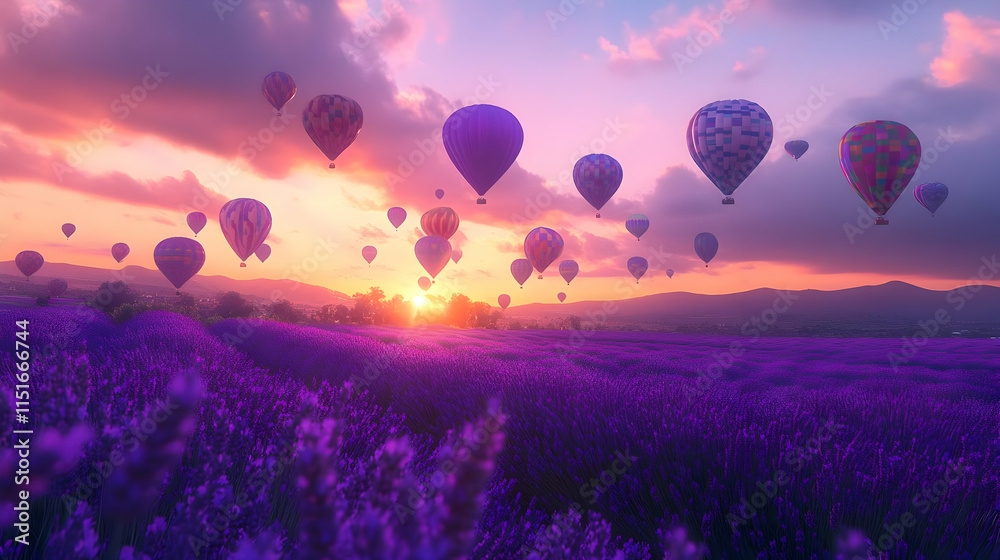 Fototapeta premium Hot Air Balloons over Lavender Field at Sunset