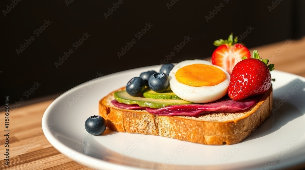 A vibrant breakfast toast topped with avocado slices, a sunny-side-up egg, blueberries, and strawberries, served on a white plate A vibrant breakfast toast topped with avocado slices, a sunny-side-up egg, blueberries, and strawberries, served on a white plate