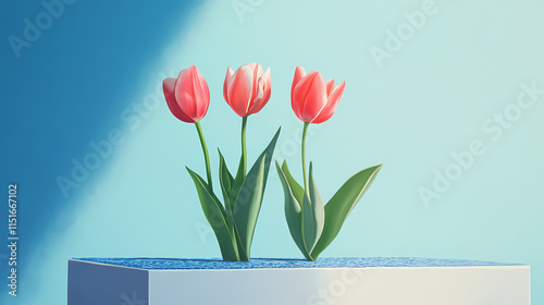 A few tulips atop a blue-and-white countertop against a light blue background. Zephyrous. Illustration photo