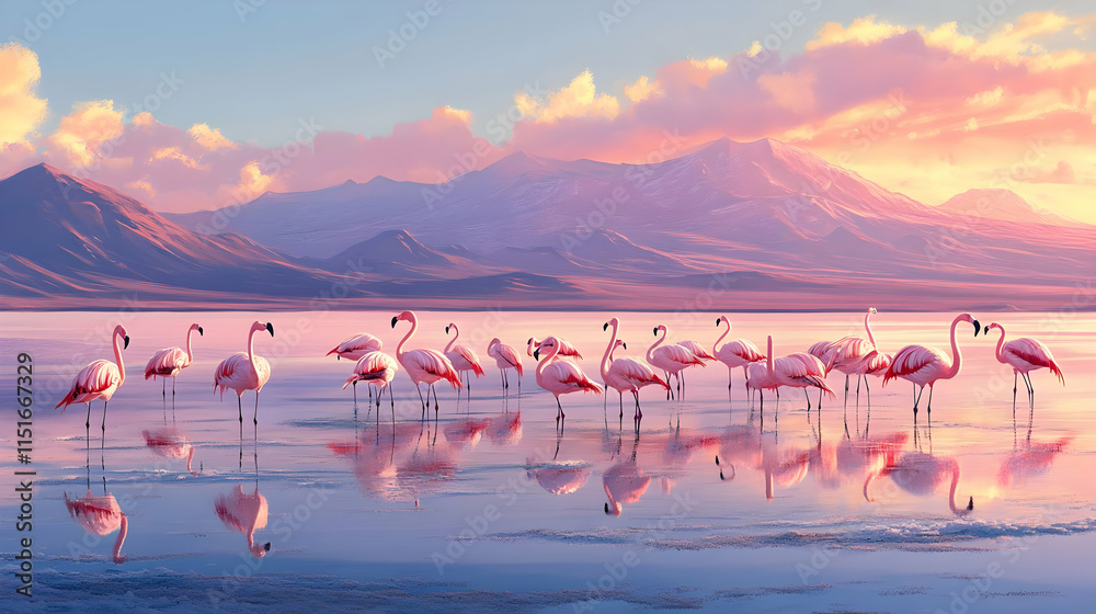 Fototapeta premium Majestic Flamingos at Sunset: A Serene Landscape