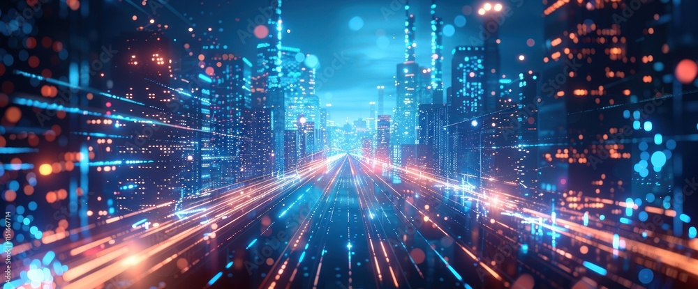 Cityscape with Glowing Lines and Abstract Lights Cityscape with Glowing Lines and Abstract Lights