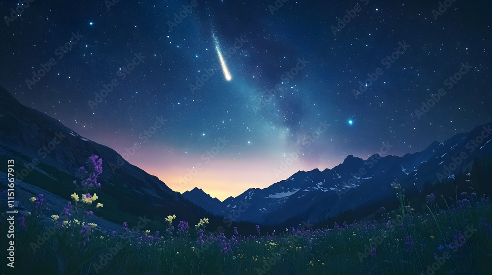 Majestic Night Sky over the Mountains and Flowers Majestic Night Sky over the Mountains and Flowers