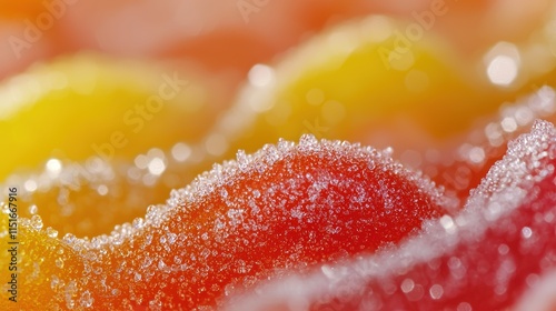 Close-up view of colorful sour gummy candy with sugar crystals in macro photography
